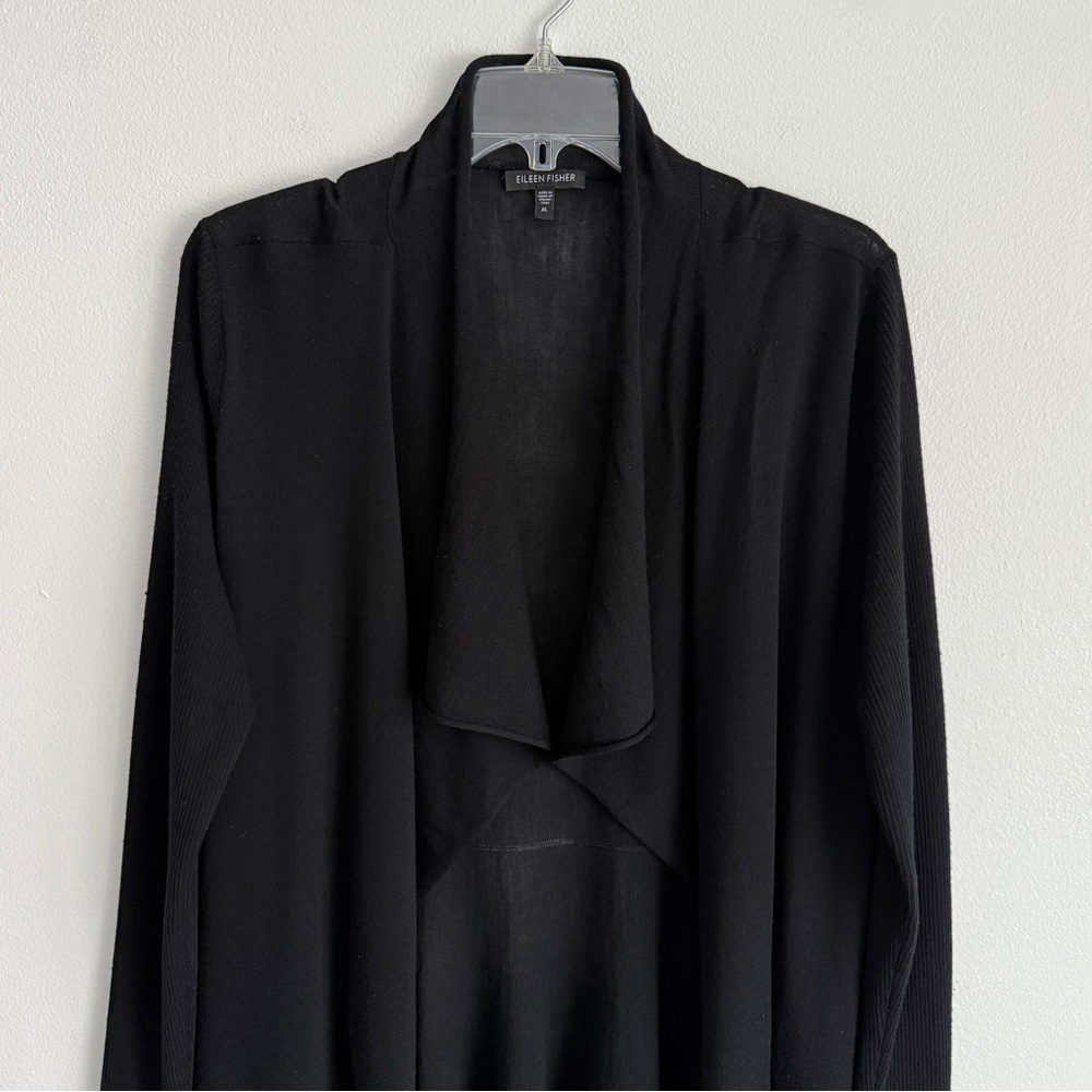 EILEEN FISHER Sz XL Black Ribbed Merino Wool Draped Open Front Cardigan Sweater